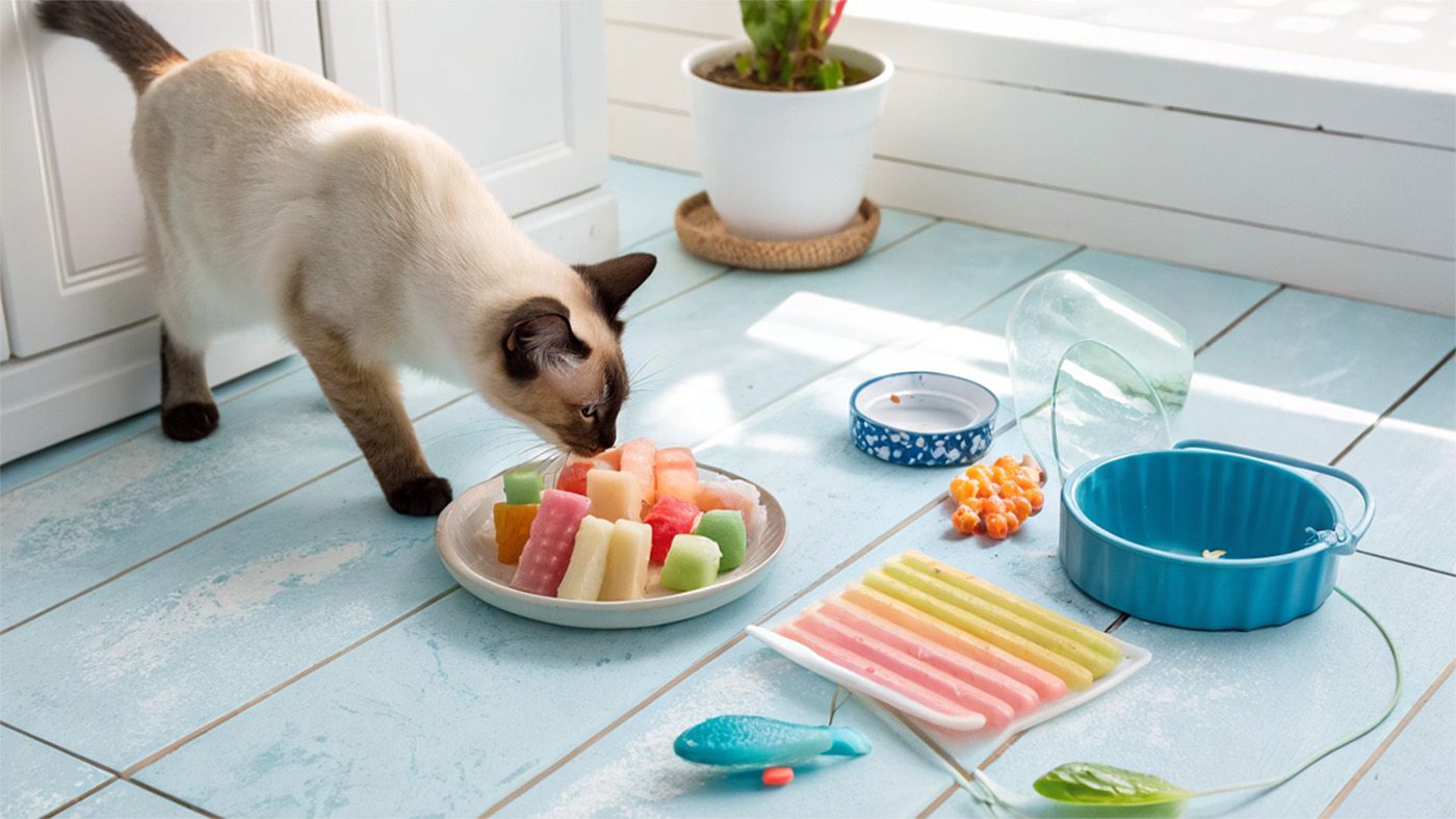 Gato siamés probando snacks veraniegos caseros y seguros, con hielo, yogur y fruta natural