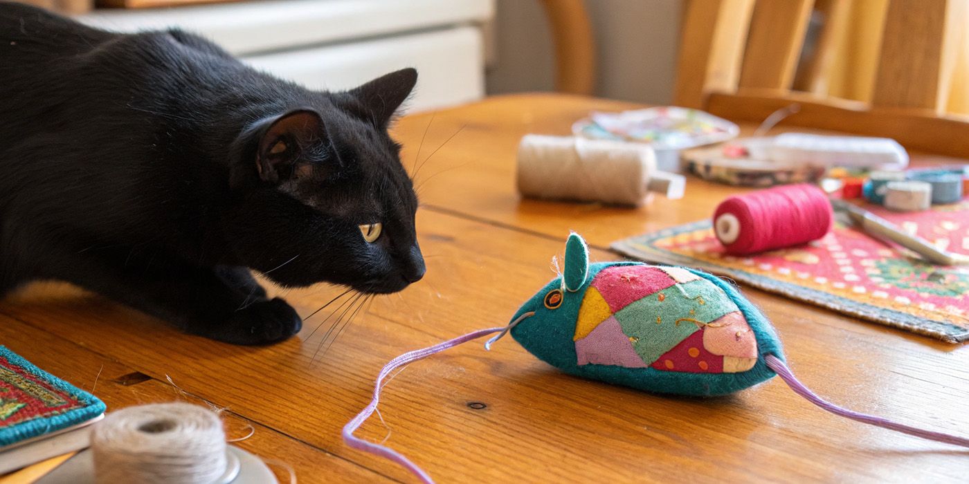 Juguete casero de fieltro para gatos en forma de ratón, con catnip, rodeado de materiales de costura sobre una mesa. Idea DIY para el Día Internacional del Gato