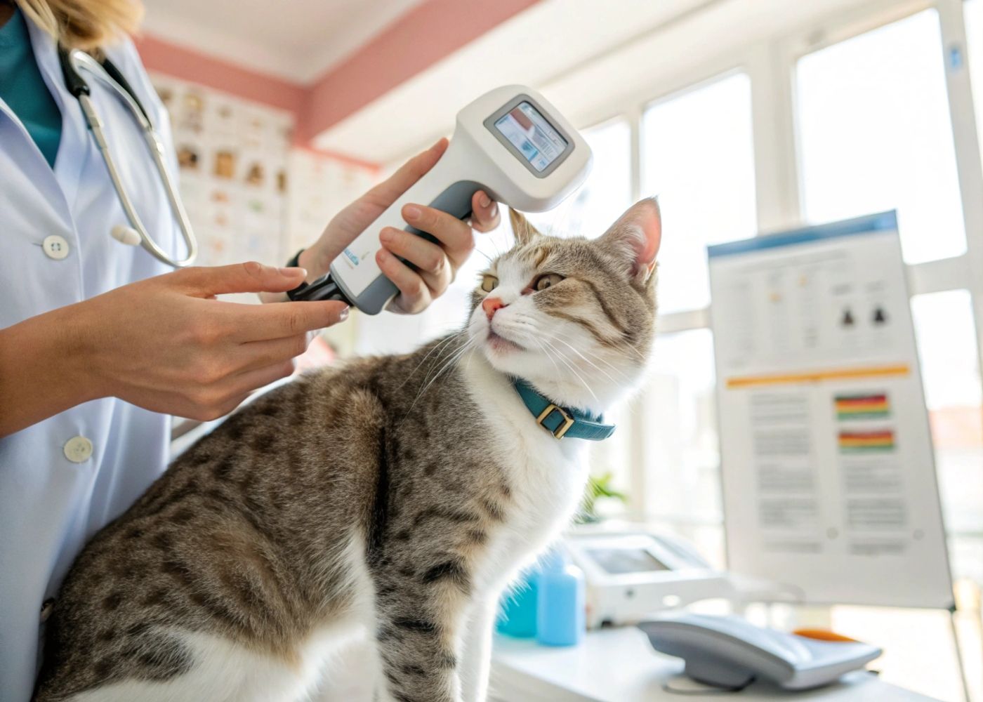 Veterinario escaneando el microchip de un gato según la Ley de Bienestar Animal en España
