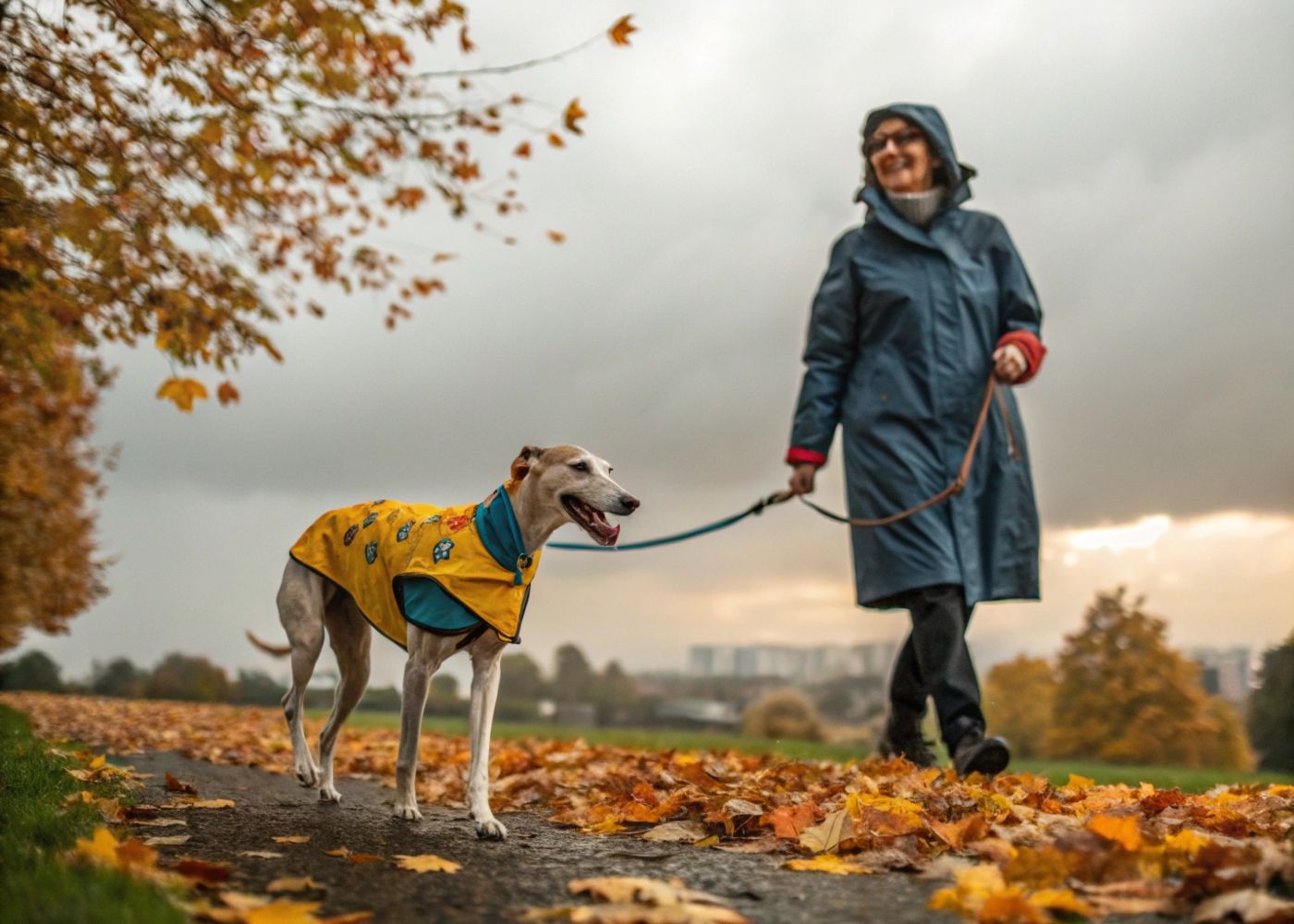 Galgo paseando con chubasquero en otoño
