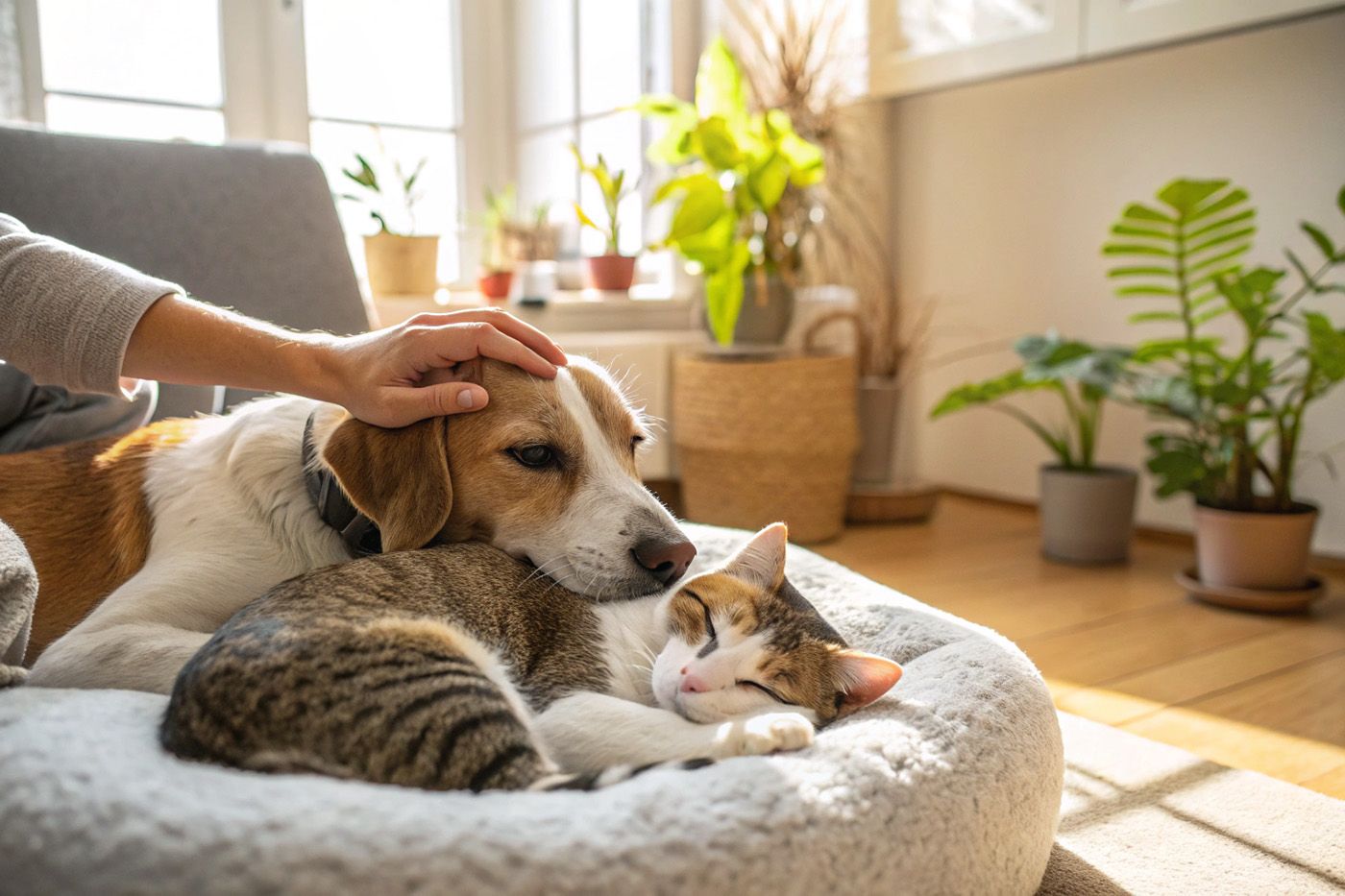 Perro y gato adoptados descansando juntos en un hogar acogedor, símbolo de segunda oportunidad y bienestar animal